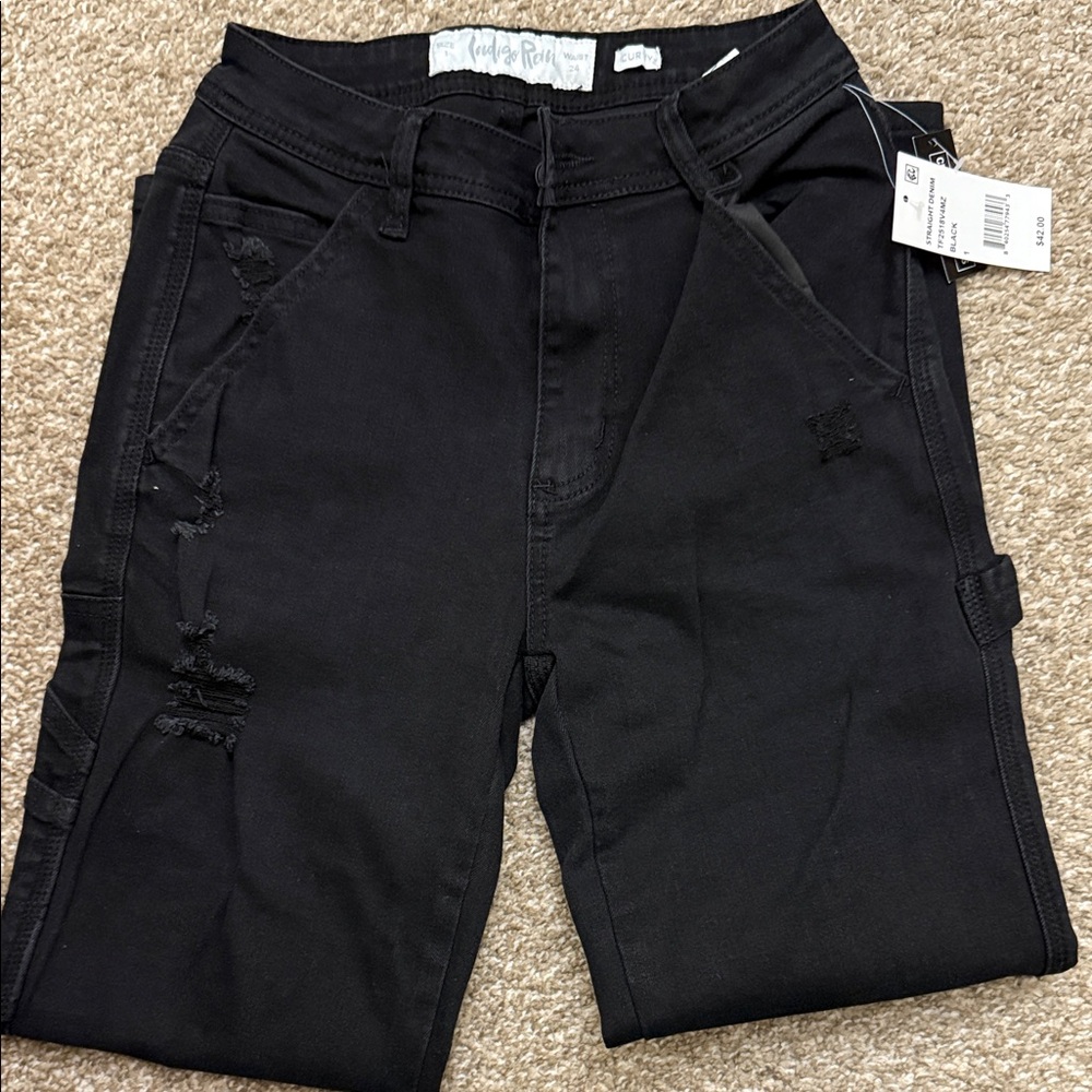 Indigo Blue Distressed Black High Rise Straight Leg Cropped Jeans